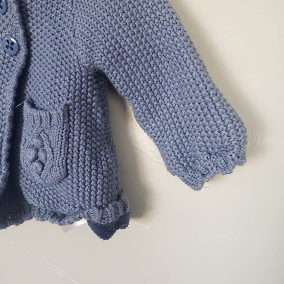 Mayoral Baby Girl 6-9 Months Blue Knit Sweater Cardigan Hooded Faux Fur Pom Pom - Picture 7 of 8
